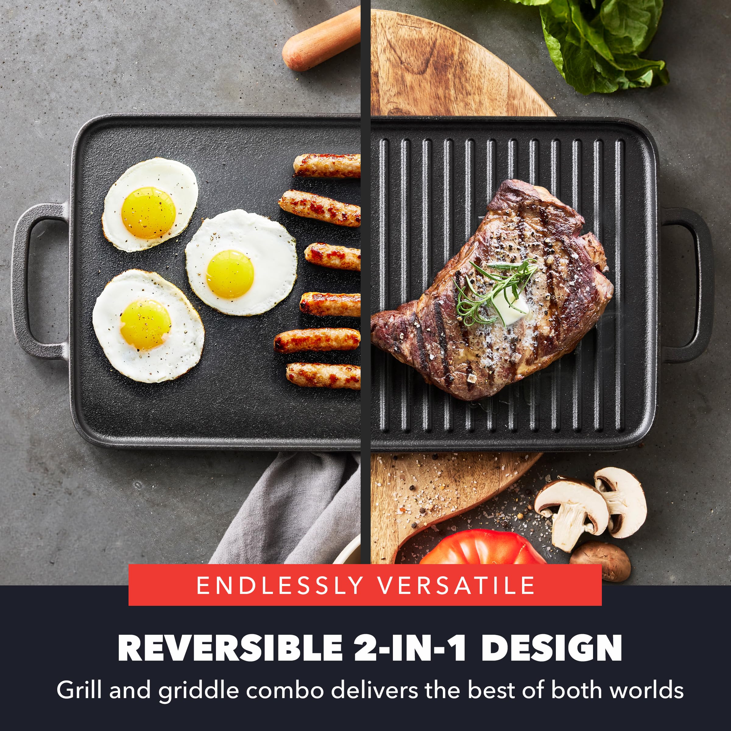 GreenPan x Bobby Flay Cast Iron Pre-Seasoned Reversible Double Burner Griddle (16.5 x 9.5 inches)