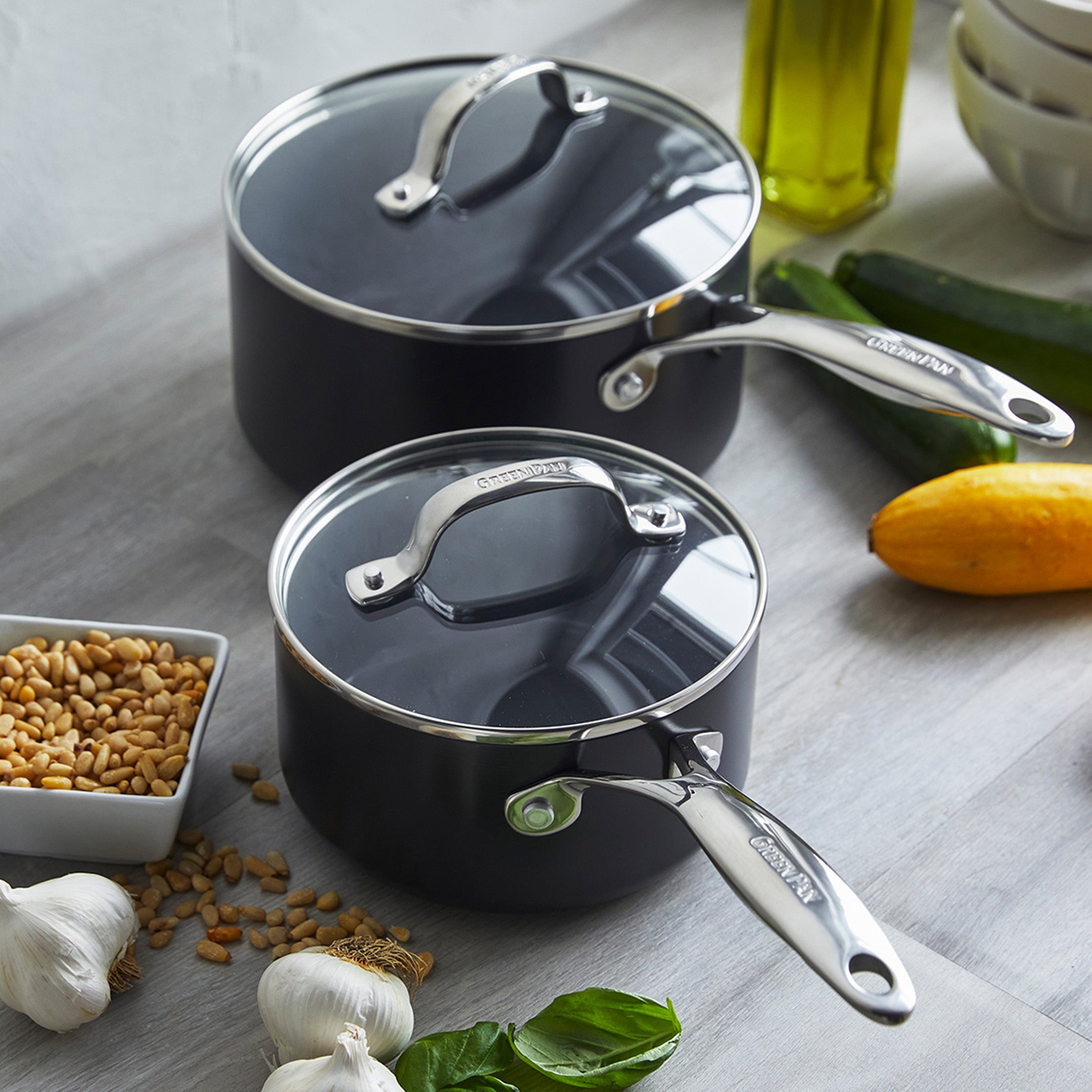 GreenPan Valencia Pro Ceramic Nonstick 1.5-Quart and 3-Quart Saucepan Set with Lids | Gray