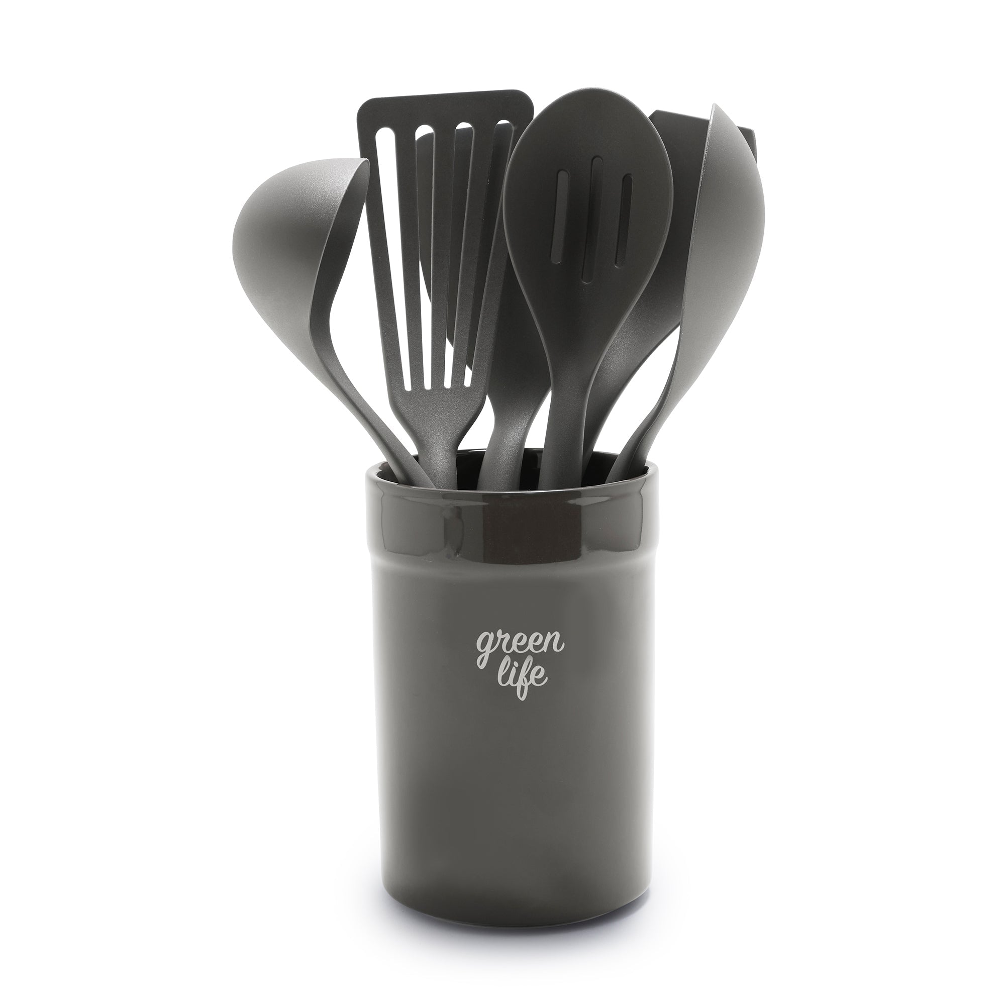 GreenLife 7-Piece Nylon & Wood Utensil Set with Ceramic Crock – Charcoal Gray