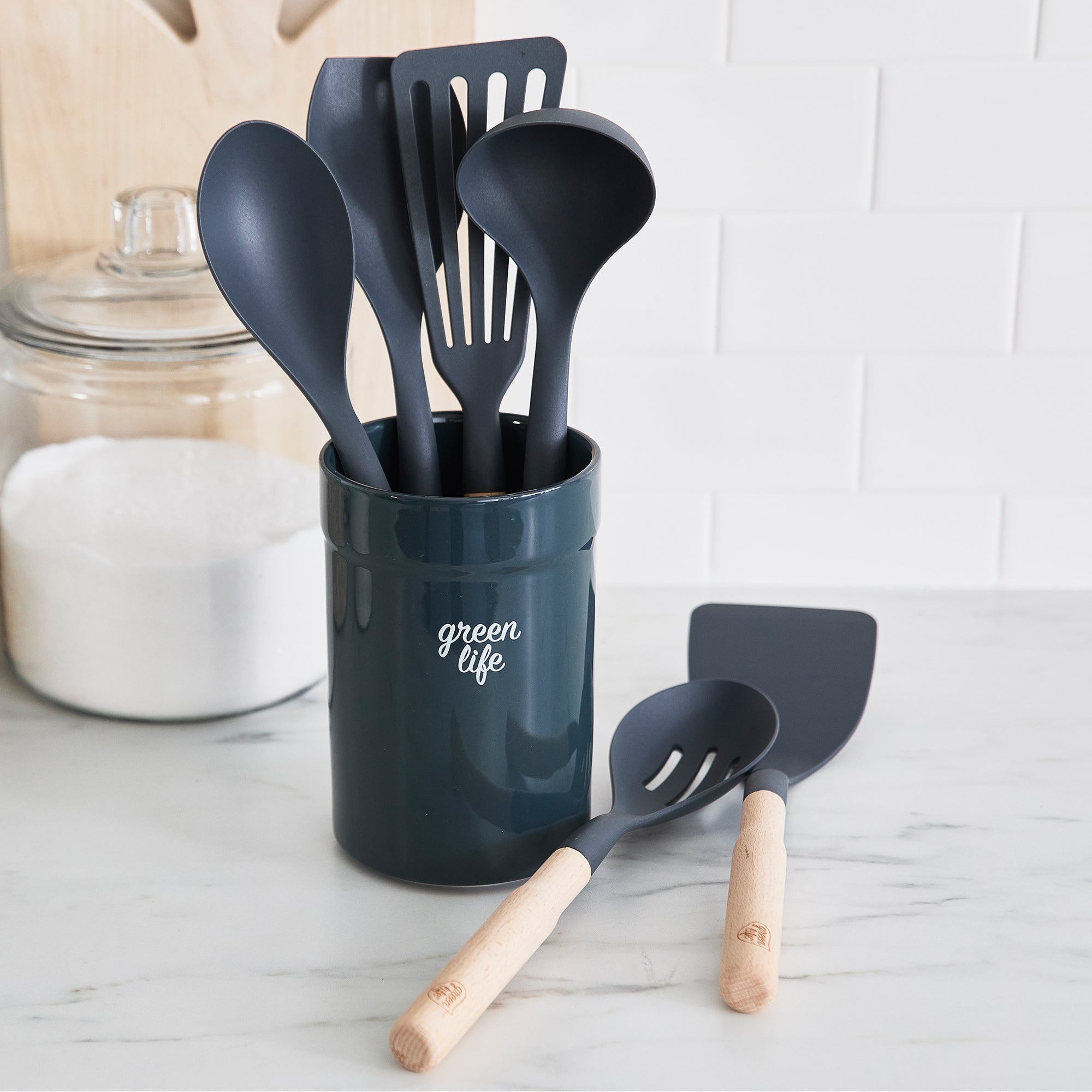 GreenLife 7-Piece Nylon & Wood Utensil Set with Ceramic Crock – Charcoal Gray