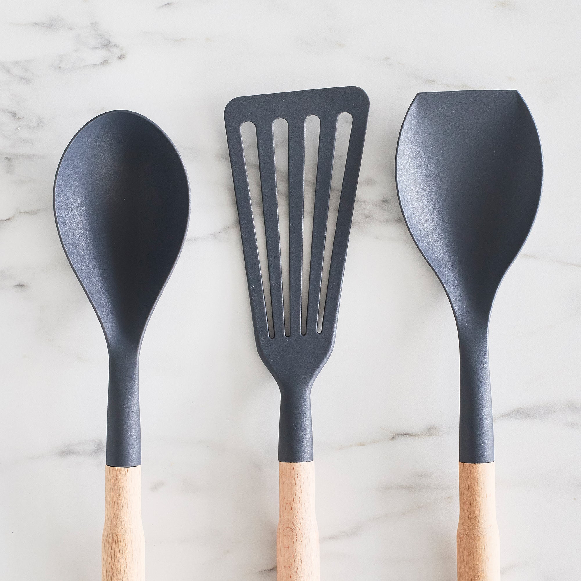 GreenLife 7-Piece Nylon & Wood Utensil Set with Ceramic Crock – Charcoal Gray