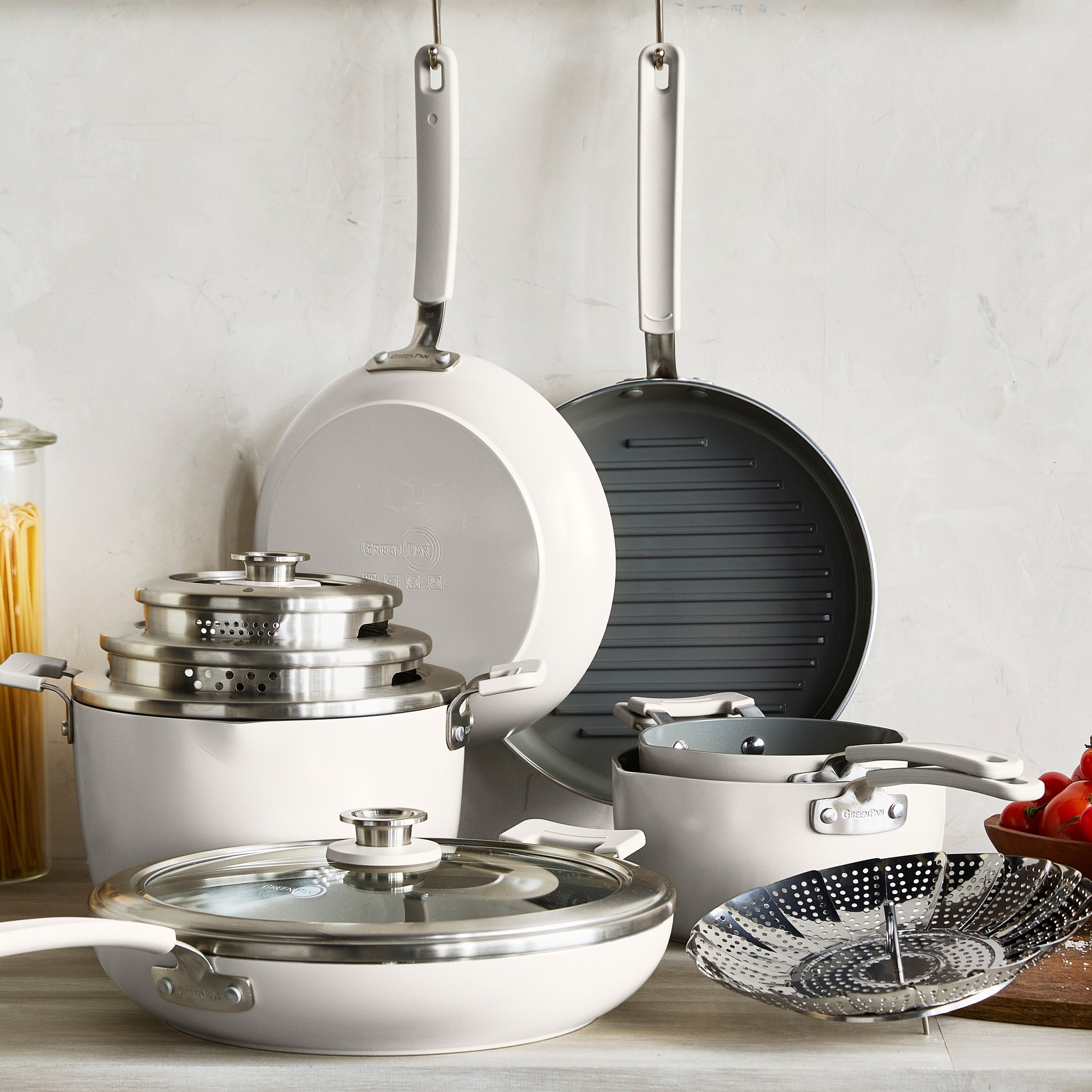 GreenPan Space Saving Stack Ceramic Nonstick 11-Piece Cookware Set — Cream