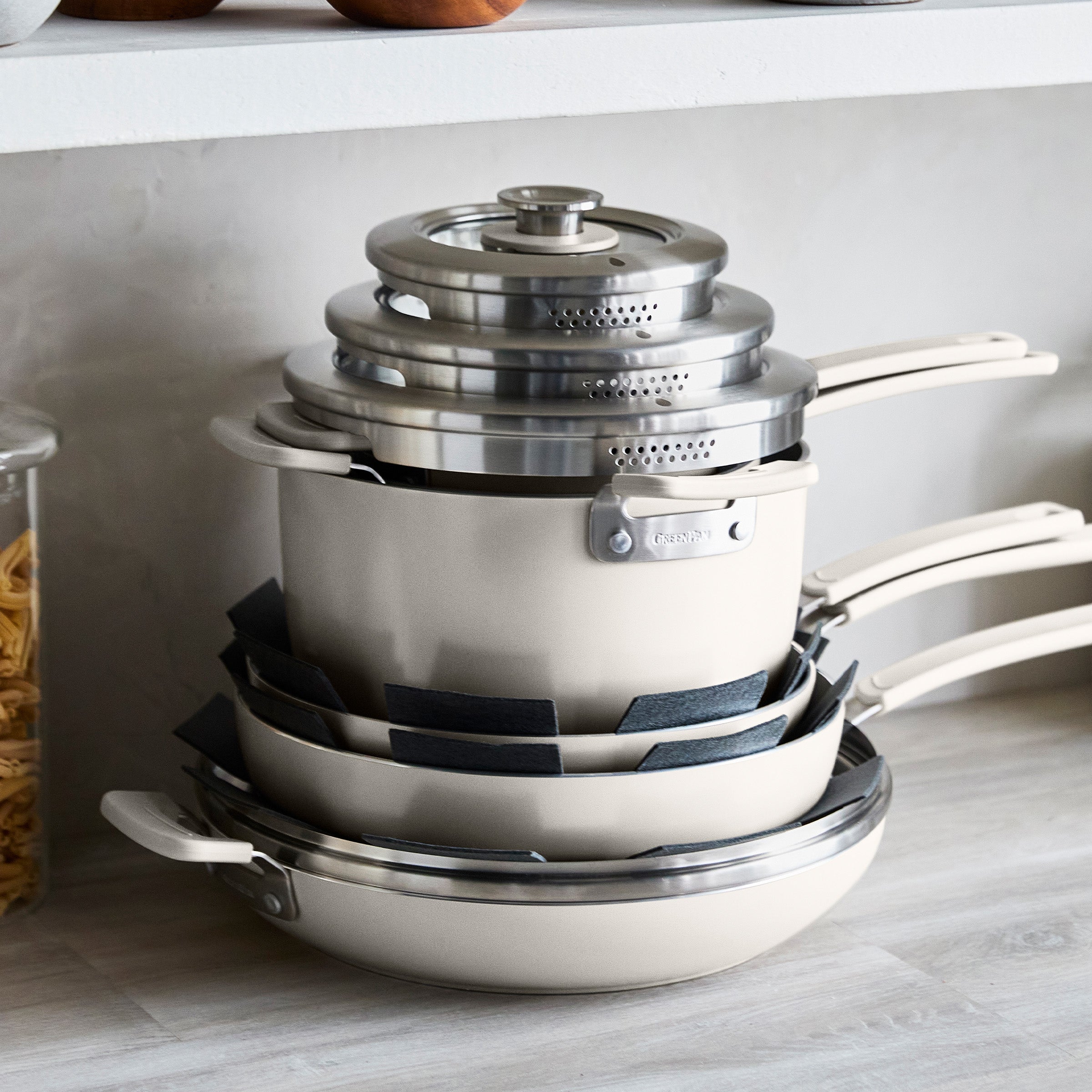 GreenPan Space Saving Stack Ceramic Nonstick 11-Piece Cookware Set — Cream