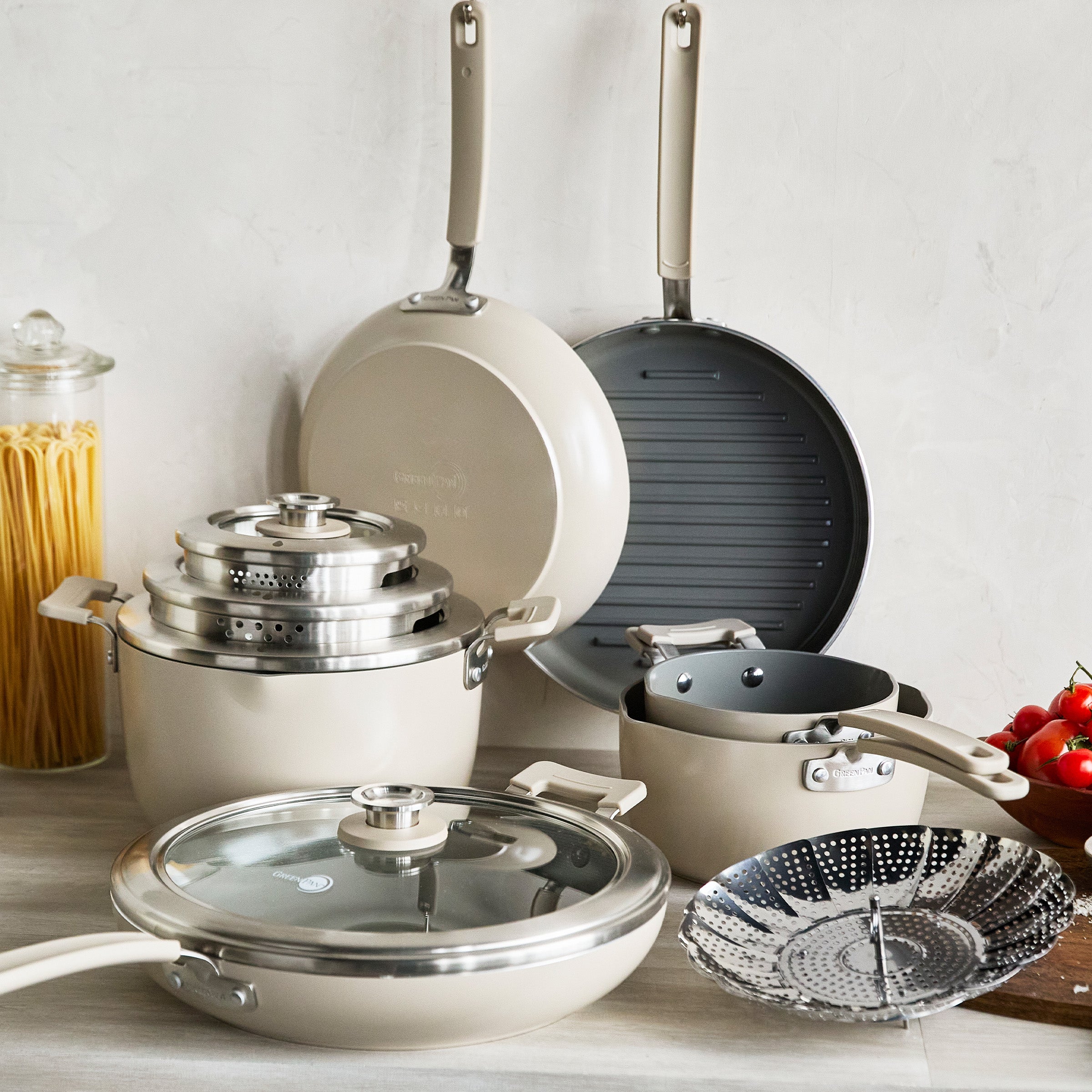 GreenPan Space Saving Stack Ceramic Nonstick 11-Piece Cookware Set | Taupe
