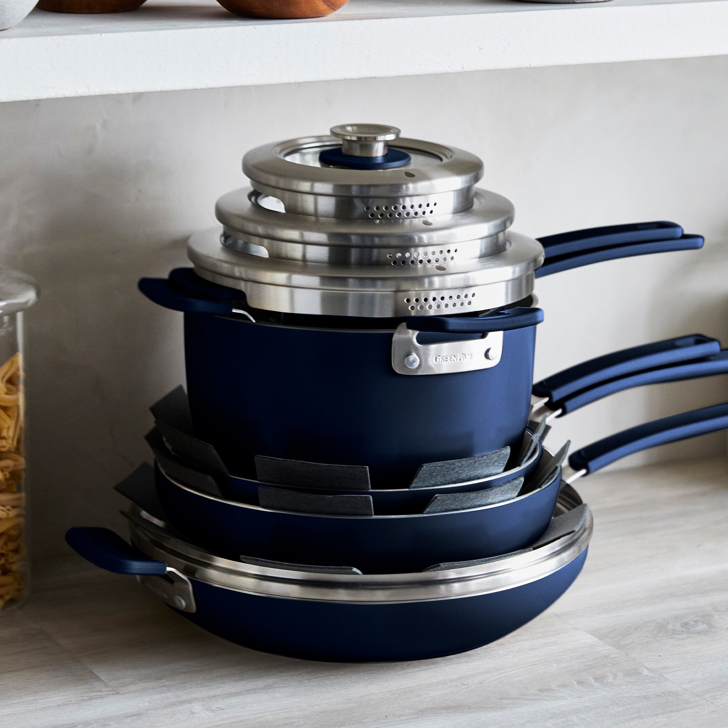 Space Saving Stack Ceramic Nonstick 11-Piece Cookware Set – Oxford Blue