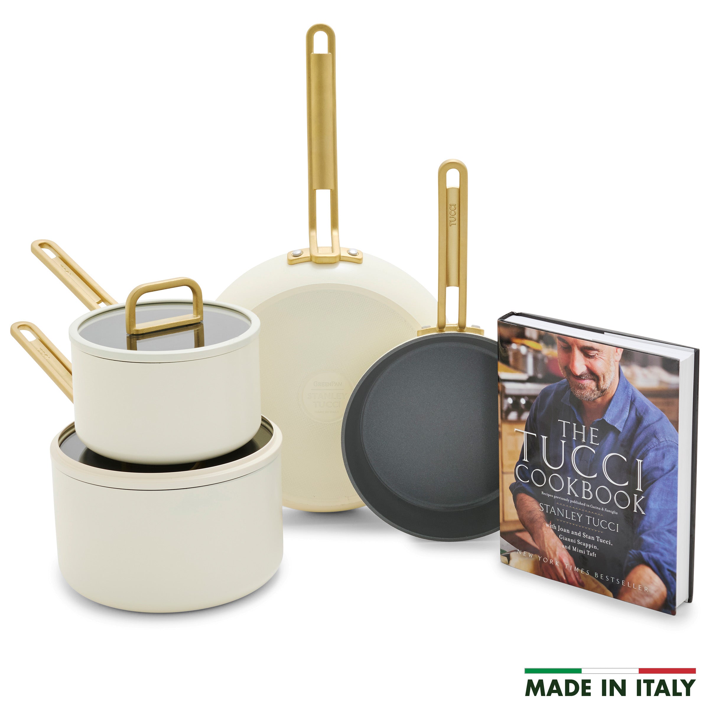 GreenPan Stanley Tucci™ Ceramic Nonstick 6-Piece Cookware Set, 8" & 10" Frypans, 2.5-qt & 3-qt Saucepans, 4-qt Sauté Pan, Carrara White