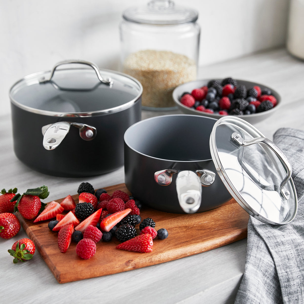 GreenPan Valencia Pro Ceramic Nonstick 1.5-Quart and 3-Quart Saucepan Set with Lids | Gray