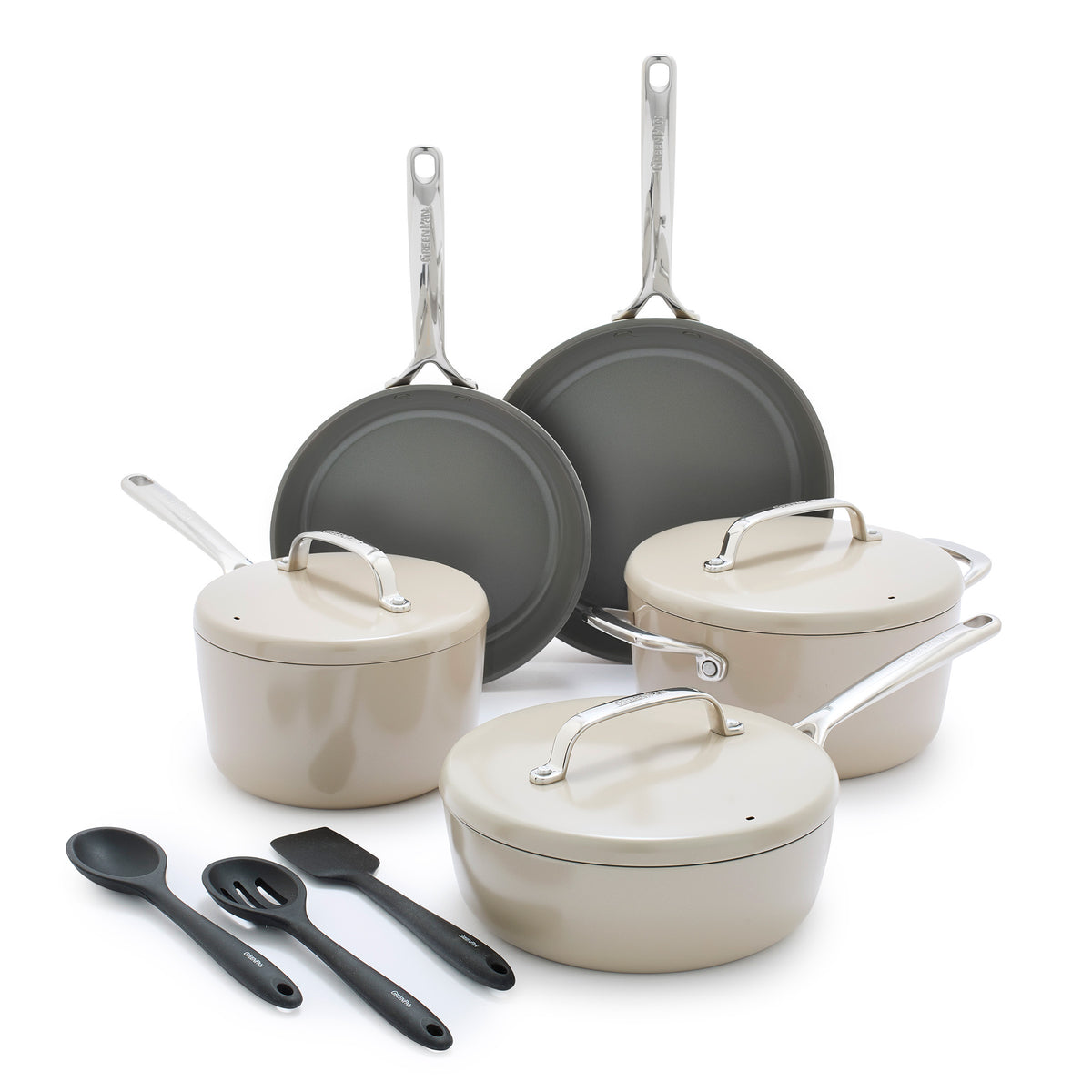 GreenPan GP5 11-Piece Ceramic Nonstick Cookware Set with Mirror Handles – Taupe