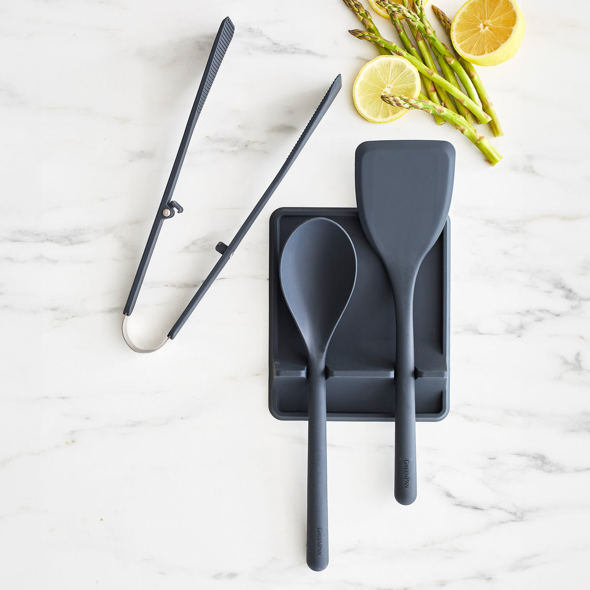 GreenPan Platinum Silicone 4-Piece Utensil and Tool Rest Set – Gray