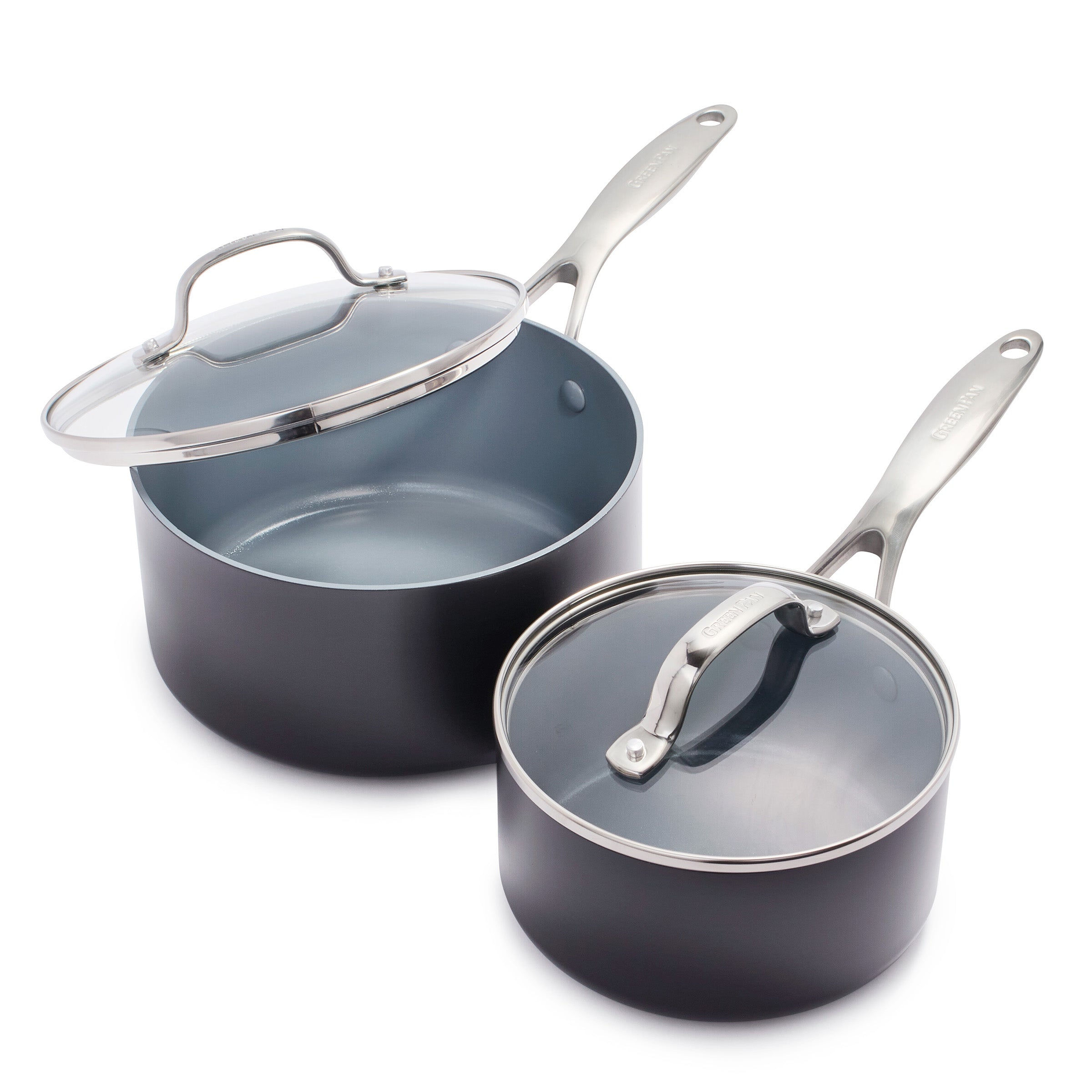 GreenPan Valencia Pro Ceramic Nonstick 1.5-Quart and 3-Quart Saucepan Set with Lids | Gray