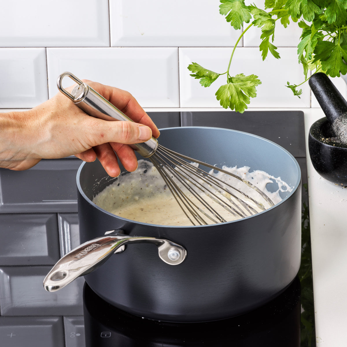 GreenPan Valencia Pro Ceramic Nonstick 1.5-Quart and 3-Quart Saucepan Set with Lids | Gray