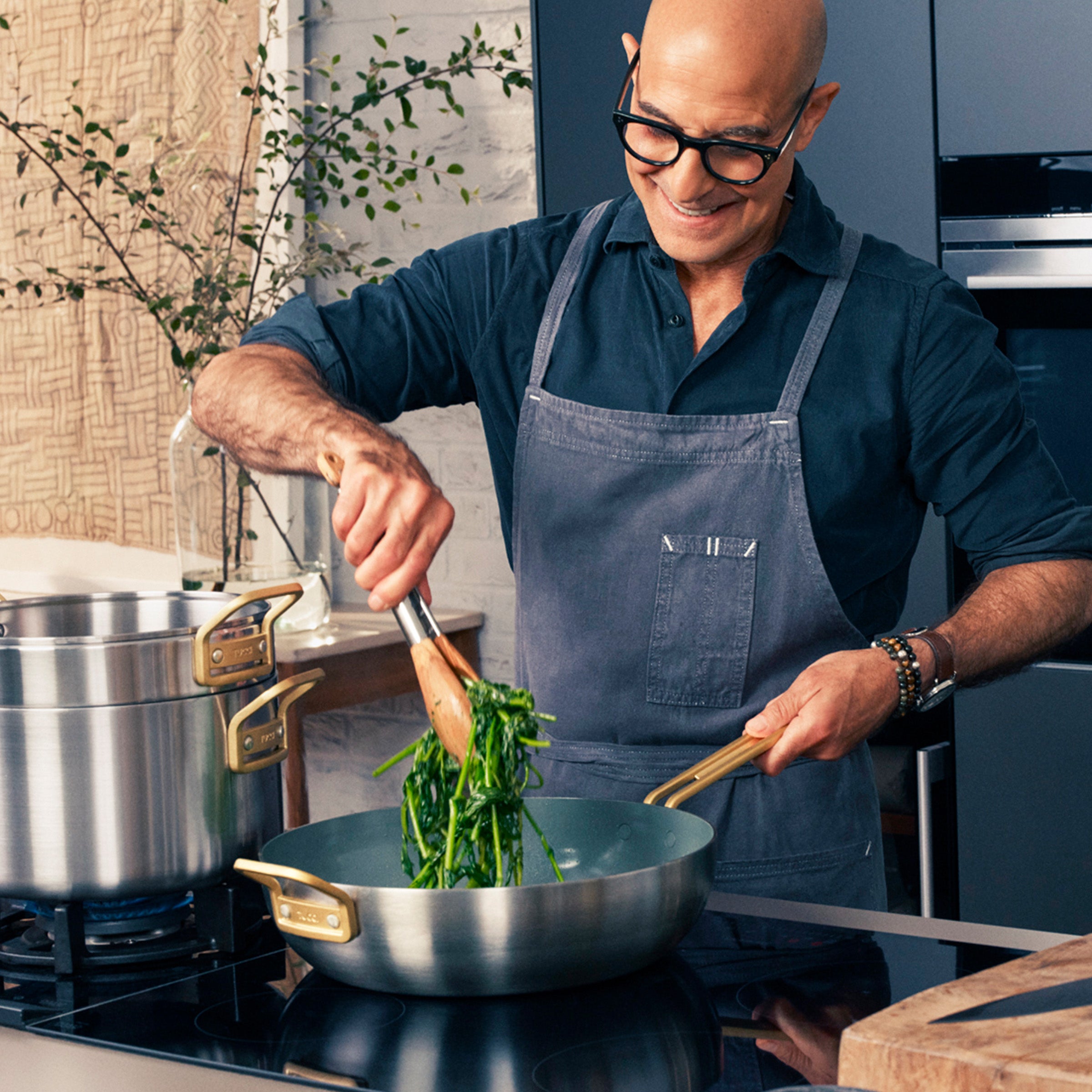 Stanley Tucci™ Stainless Steel Ceramic Nonstick 4-Quart Saucepan with Lid - Champagne Handles