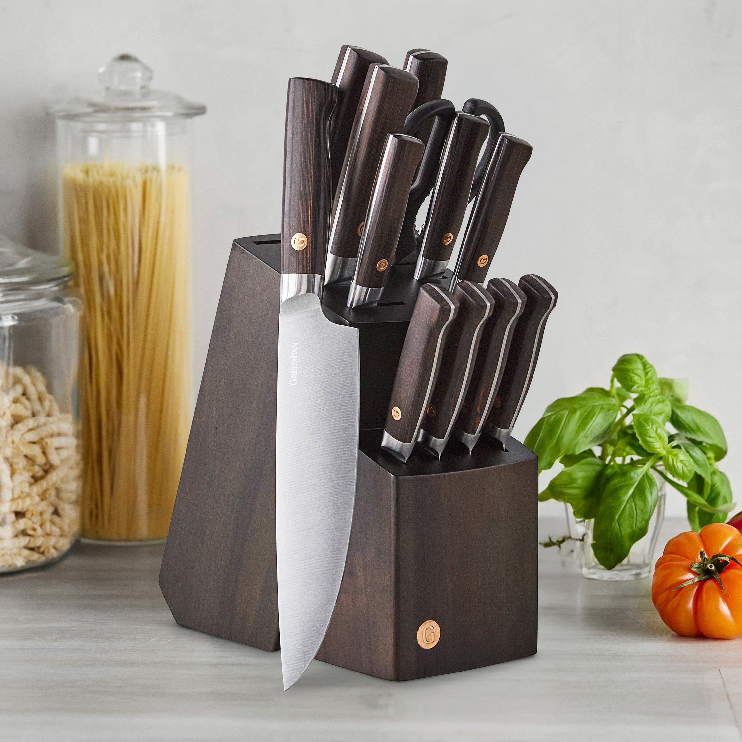 GreenPan Elite Cutlery 13-Piece Knife Block Set with Dark-Wood Handles