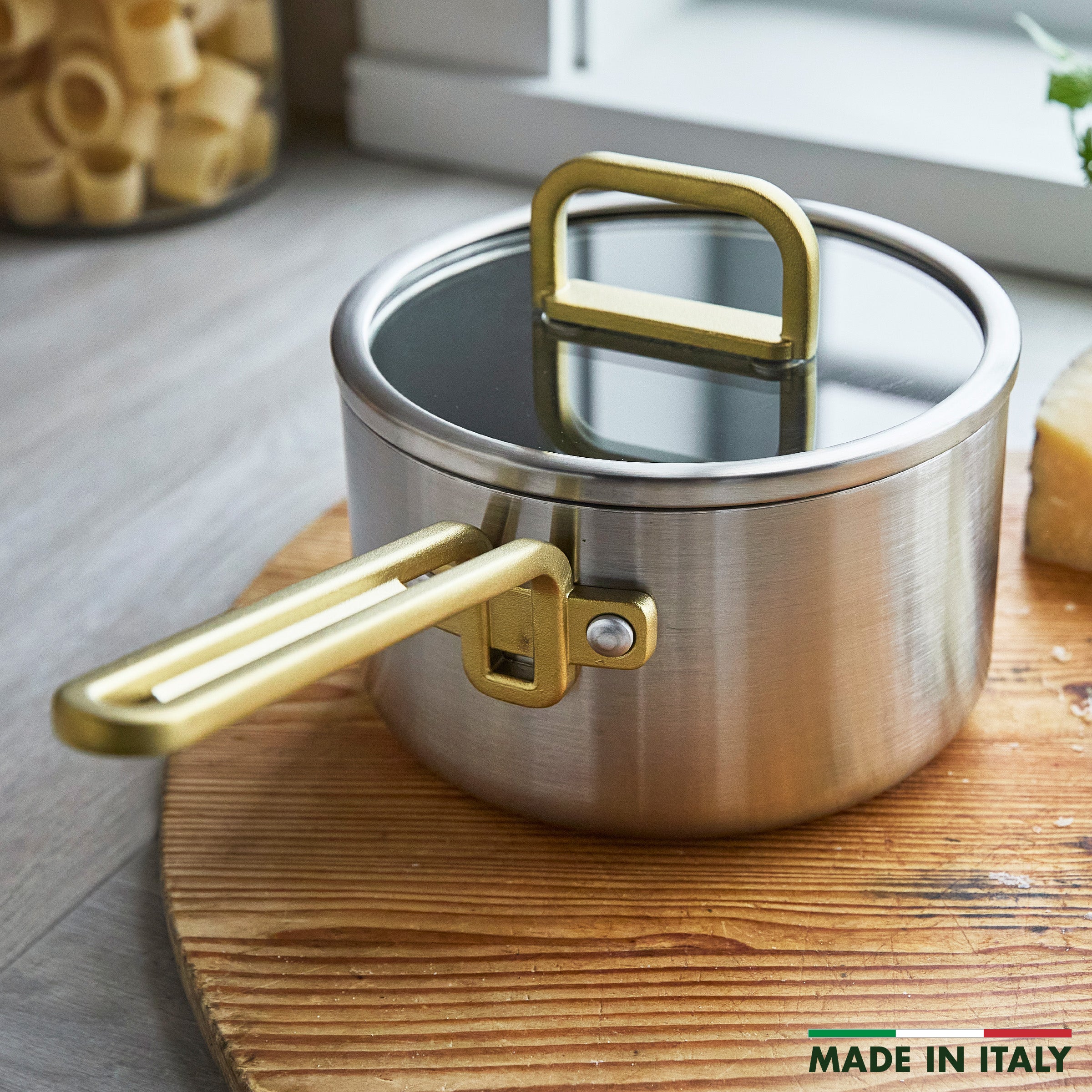 Stanley Tucci™ Stainless Steel Ceramic Nonstick 2-Quart Saucepan with Lid - Champagne Handles