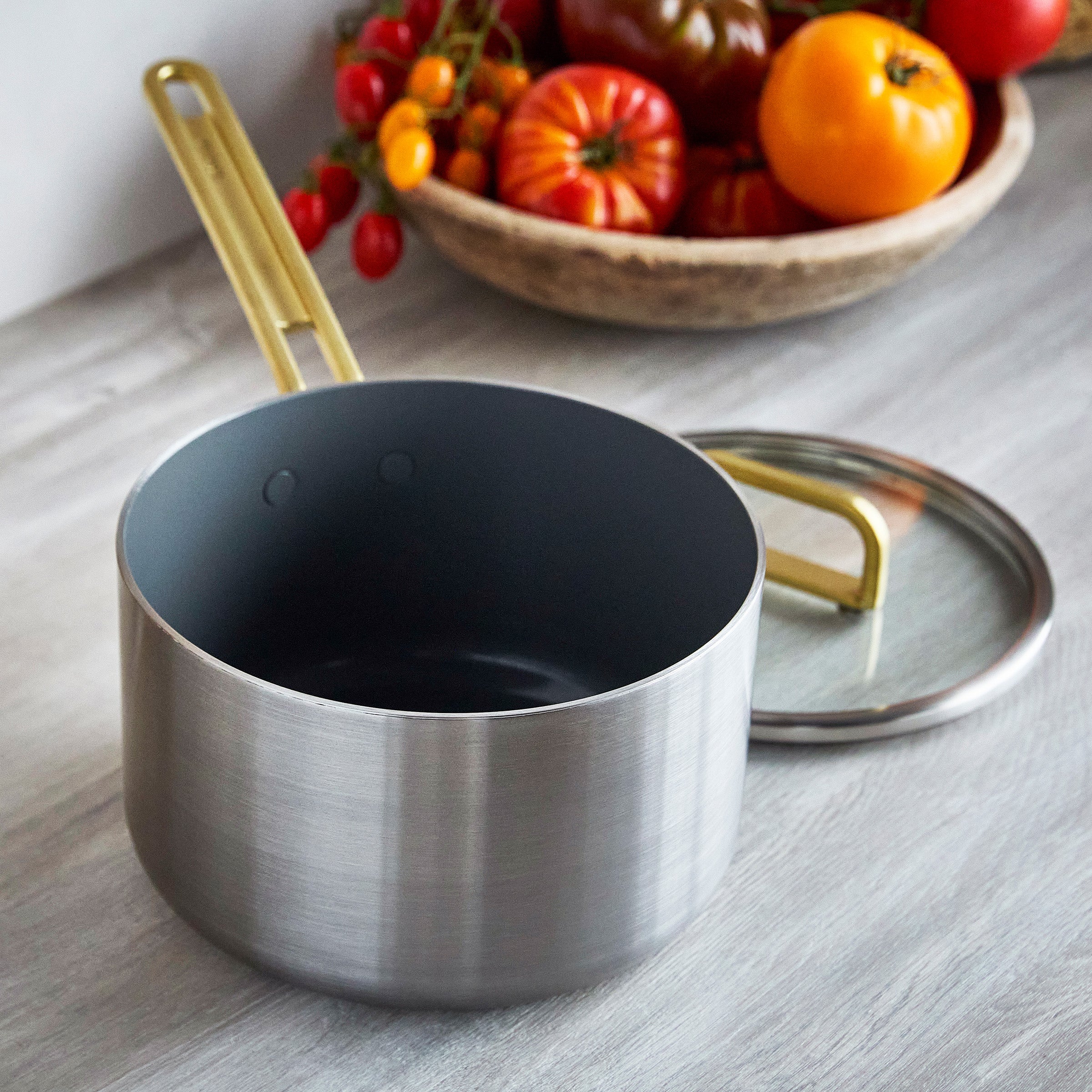 Stanley Tucci™ Stainless Steel Ceramic Nonstick 4-Quart Saucepan with Lid - Champagne Handles