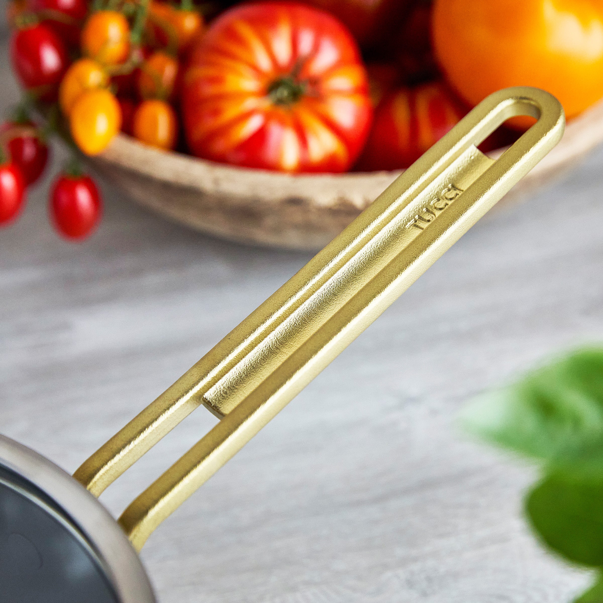 Stanley Tucci™ Stainless Steel Ceramic Nonstick 4-Quart Saucepan with Lid - Champagne Handles