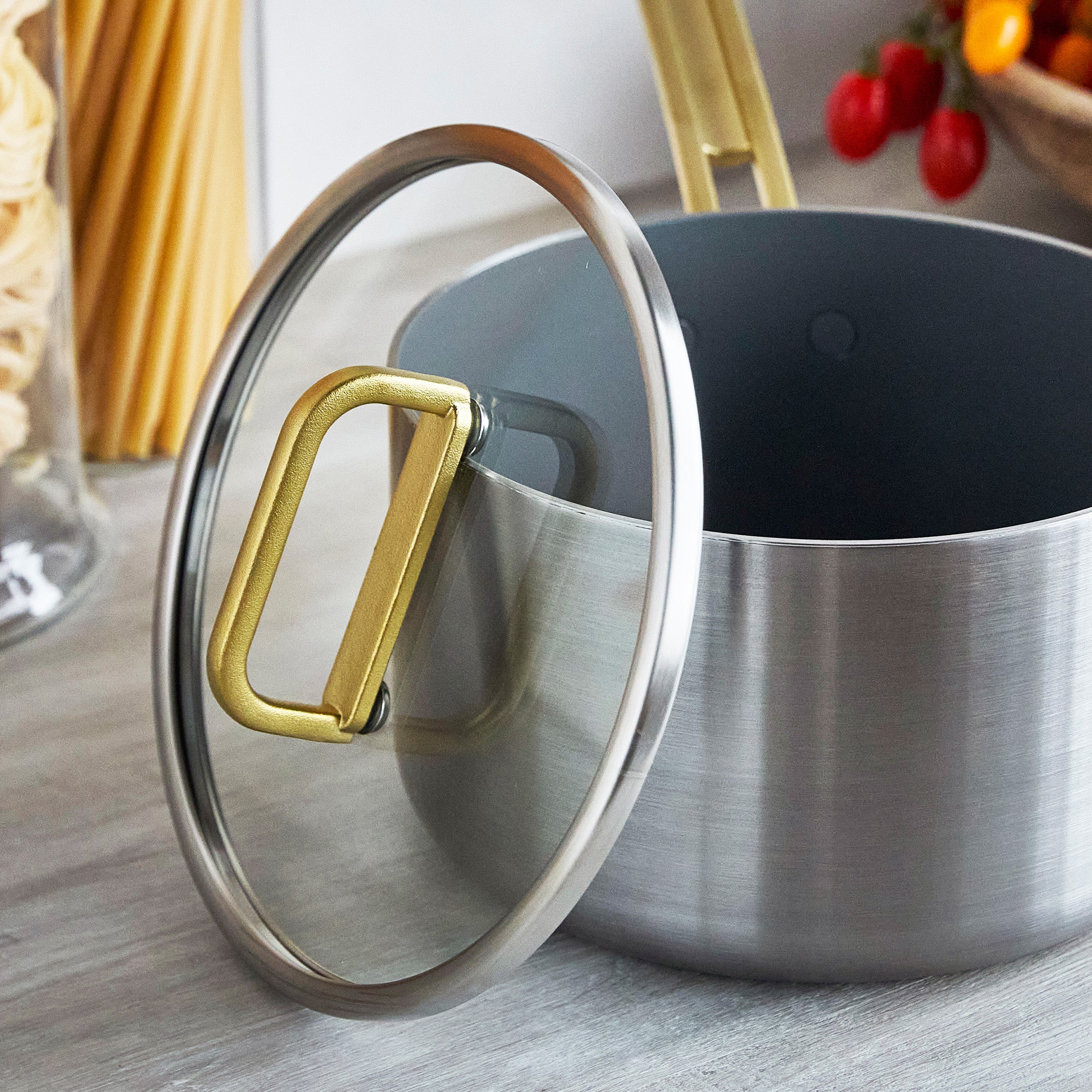 Stanley Tucci™ Stainless Steel Ceramic Nonstick 4-Quart Saucepan with Lid - Champagne Handles