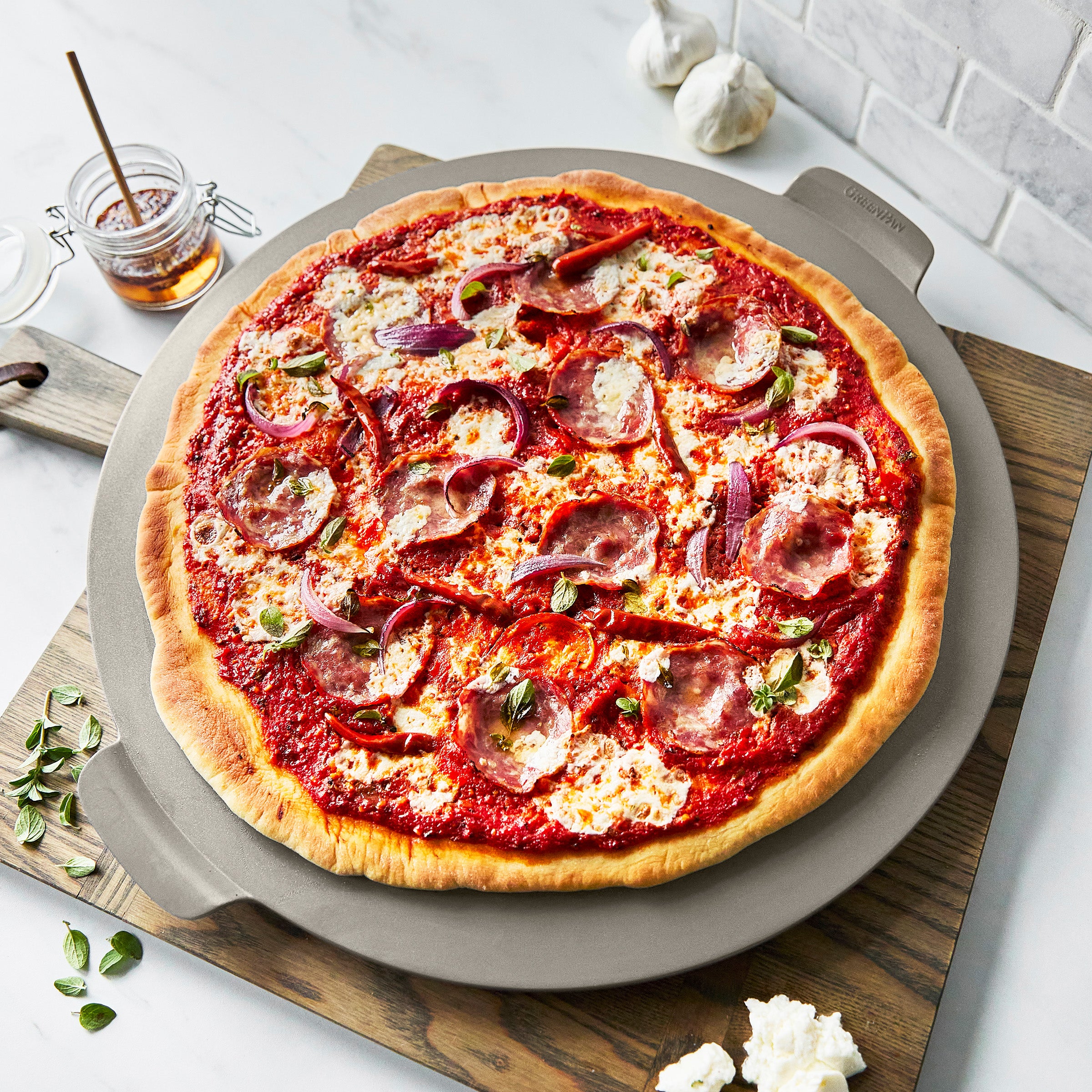 GreenPan Premiere Ovenware 16.5-Inch Round Pizza Baker | Taupe