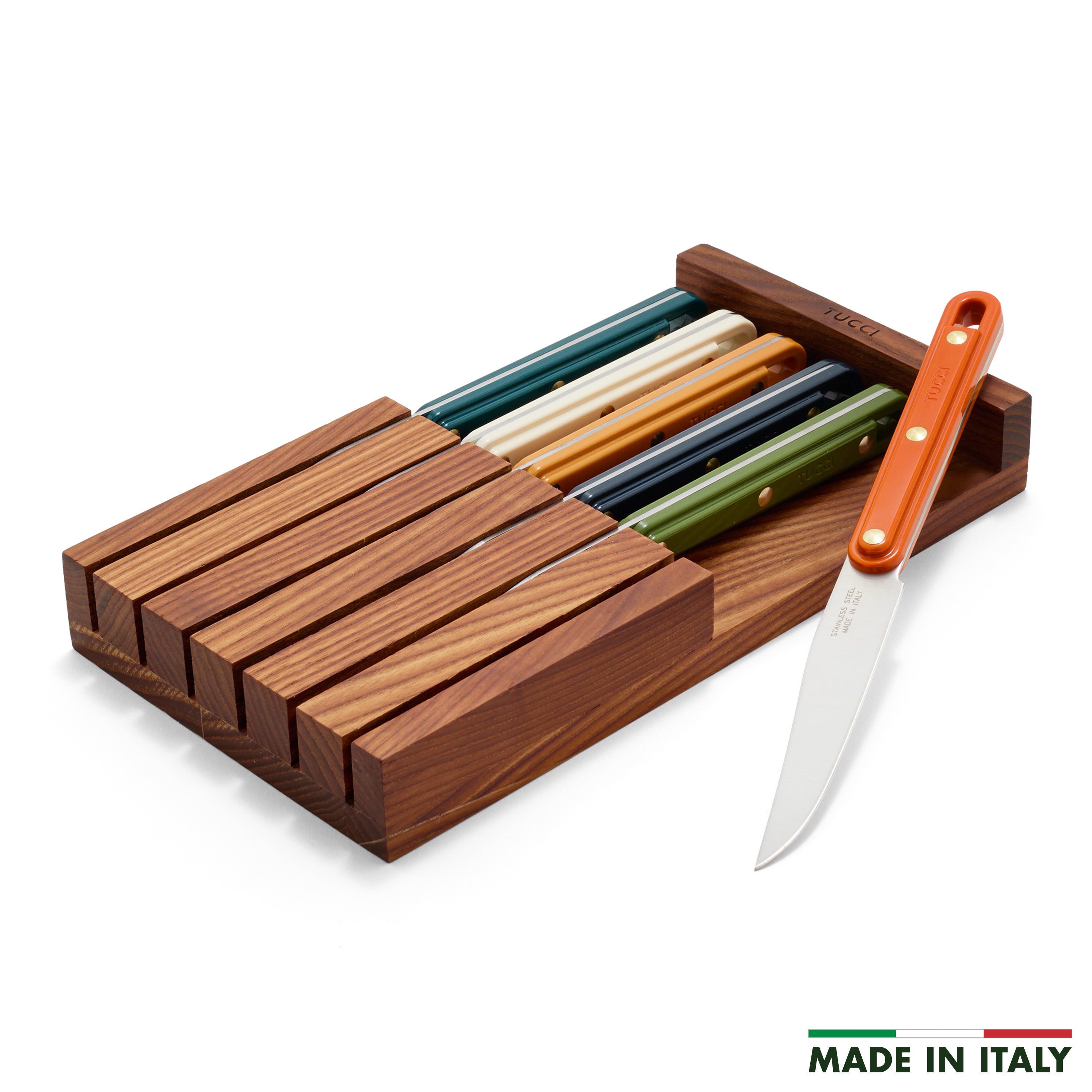 Stanley Tucci 6-Piece Steak Knife Set with Wood Tray – Multicolor