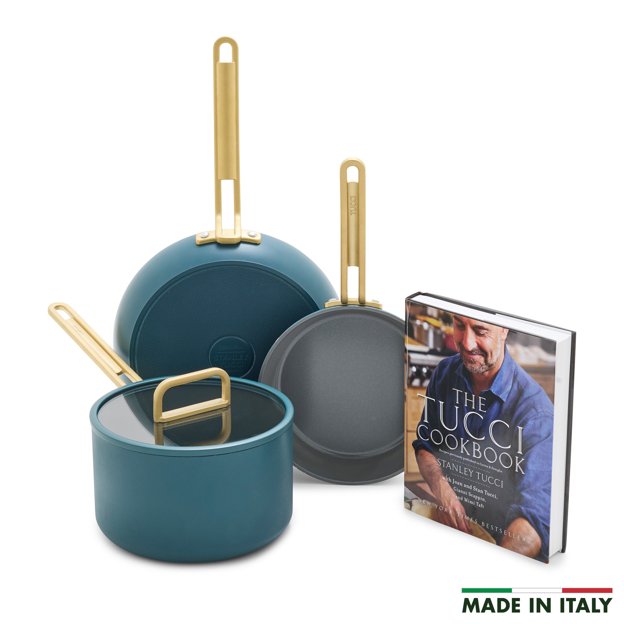 GreenPan Stanley Tucci™ Ceramic Nonstick 4-Piece Chef Set, 10" Frypan, 2.5-Qt Saucepan, 4-Qt Sauté Pan, Venetian Teal